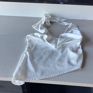 Peppermayo White Satin Halter Neck Asymmetric Top